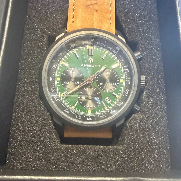 Aknight Other - Aknight Men’s Chronograph Watch – Green Dial / Black & Brown Leather Strap
